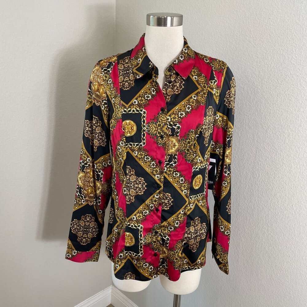 NEW Guess Womens Medium Baroque‎ Satin Button Up Shirt Milano Tile Red Blouse